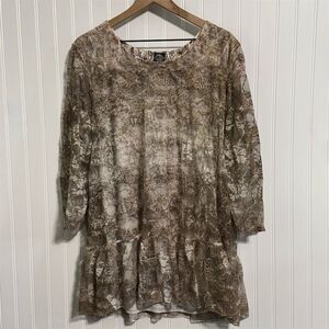 Cal Style Plus Tunic 2XL Brown‎ Sheer Crinkle Lace Overlay Ruffle Hem Whimsigoth